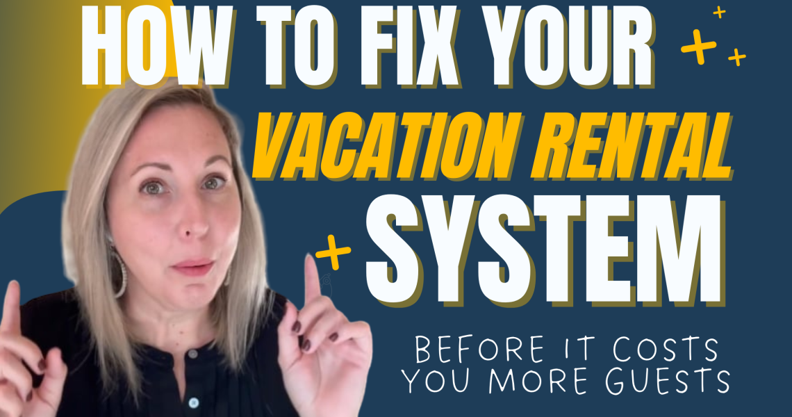 Woman pointing upward next to bold text that reads How to Fix Your Vacation Rental System Before It Costs You More Guests – blog header about making booking systems AI-ready.