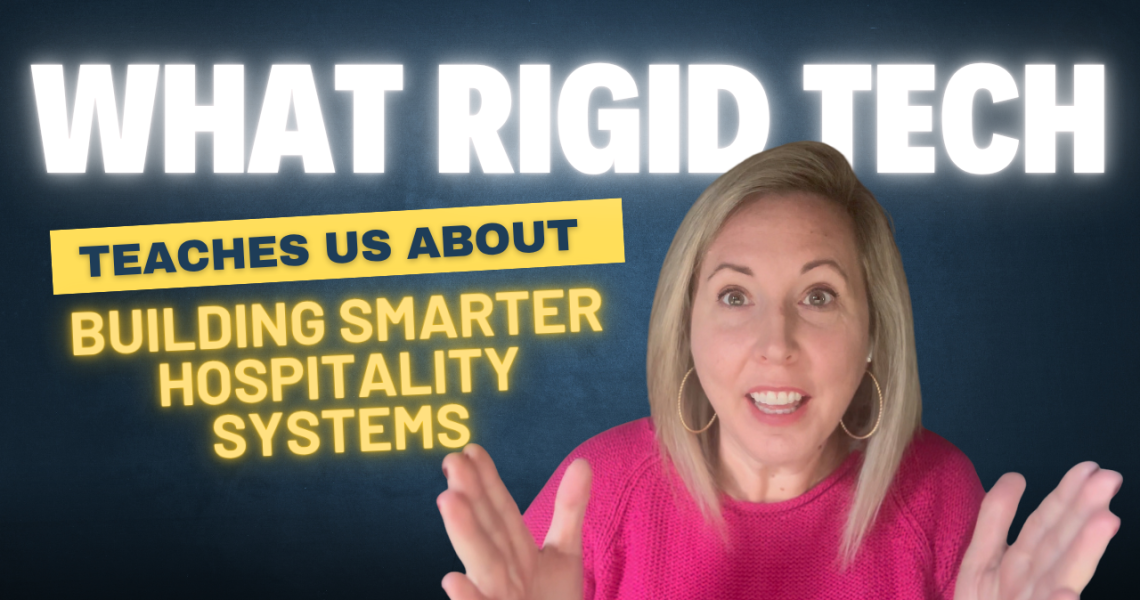 Sarah Stahl gesturing while explaining hospitality tech strategy, emphasizing the shift from rigid systems to flexible, guest-focused solutions.